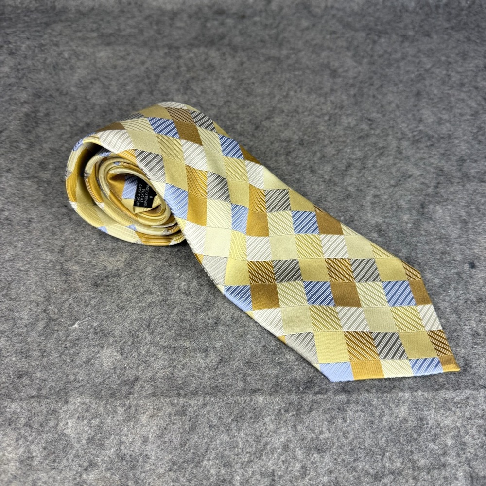 Geoffrey Beene 100% Silk Tie Gold Blue Yellow Square Plaid Check Men Necktie